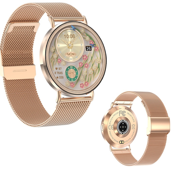 Ceas Smartwatch Mirunia, Auriu/Gold, Ecran Rotund AMOLED 1.32", IP67, Design Ultra-Subtire 6.9 mm, Bluetooth Calling, 100+ moduri sport, Monitorizare sanatate, Always-On Display, Notificari, Mesaje