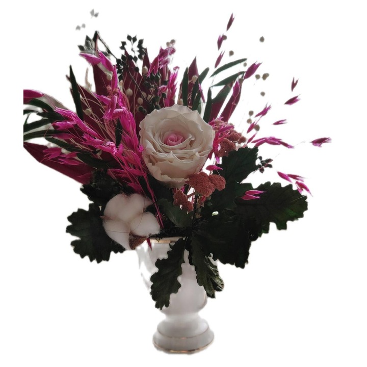 Aranjament floral cu trandafir criogenat in vas vintage din ceramica