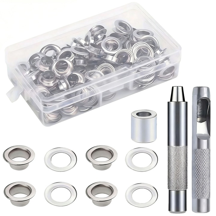 Set de capse metalice, asskanaer, Set 100 ocheti, Set ocheti de 10 mm, Cutie de depozitare, Cu unealta gaurire, Cu dispozitiv de atasare, Ergonomic, Pentru haine, textile, accesorii, Metal, Diamentru 19 mm, Argintiu