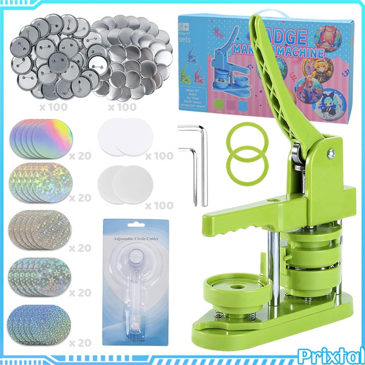 Set masina de facut insigne 58mm, 500 piese, include 100 butoane, taietor rotund, 100 folie laser, material ABS, sigur si durabil, design ergonomic, utilizare simpla, insigna DIY multifunctionala, verde