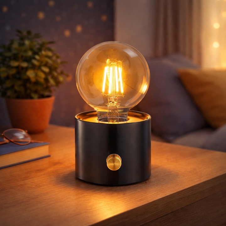 Mini Lampa de Masa, Design Elegant cu Accente Aurii, Lumina Calda, Alimentare Baterii, 15x9 cm, 0.8W, 120lm, Negru