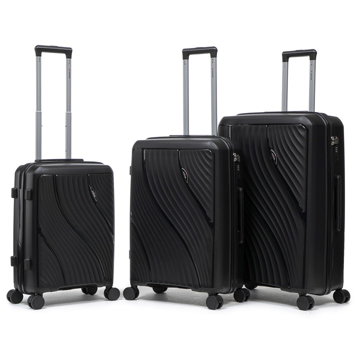 Комплект колички Aventor AV106, полипропилен, 1 кабинен и 2 регистрирани багажа, TSA комбинация, 4 двойни колела на 360°, черни