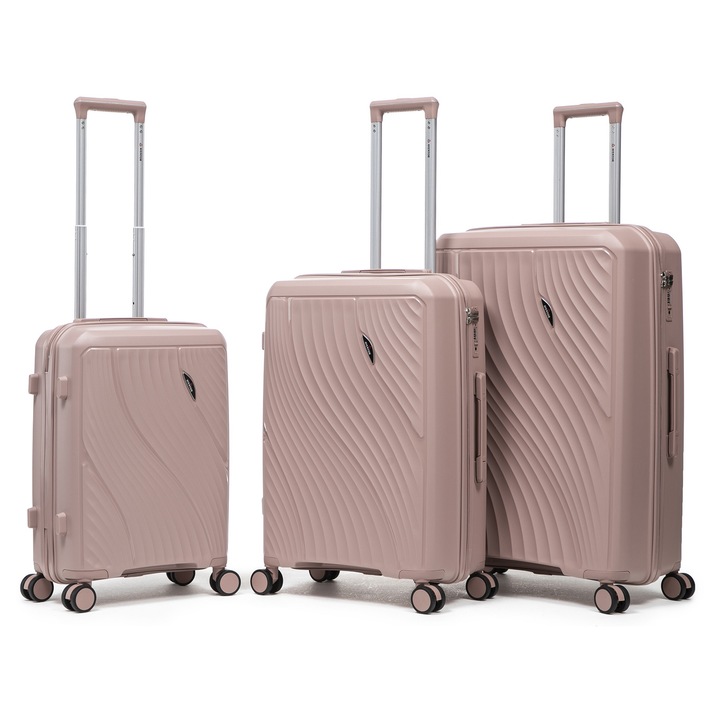 Комплект колички Aventor AV106, полипропилен, 1 кабинен и 2 регистрирани багажа, TSA комбинация, 4 двойни колела на 360°, розови
