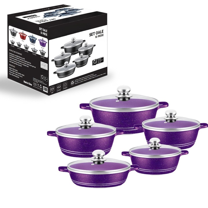 Oale Premium 10 darabos készlet márvány bevonattal és üvegfedővel, 5 méret a sokoldalú főzéshez, 5 edény + 5 fedő, ideális modern konyhába