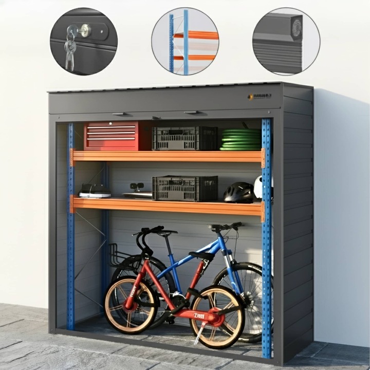 Dulap depozitare exterior ParkingBox® GARDENBOX, perfect pentru terasa, curte, parcare, Depozitare biciclete, mobilier, scutere, roti, Raft spatios cu 2 polite reglabile, Usa rulou cu incuietoare, 200x216x75 cm, Aluminiu, Gri Antracit