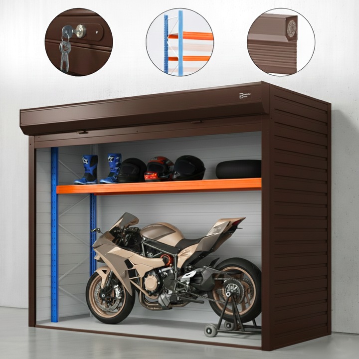 Dulap depozitare pentru interior ParkingBox® Motobox, depozitare motocicleta, mobilier, scutere, biciclete, perfect pentru terasa, curte, parcare, Raft spatios cu polita reglabila, Protectie intemperii, 256x230x120 cm, Otel, Maro