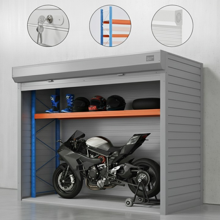 Dulap depozitare pentru interior ParkingBox® Motobox, depozitare motocicleta, mobilier, scutere, biciclete, perfect pentru terasa, curte, parcare, Raft spatios cu polita reglabila, Protectie intemperii, 256x230x120 cm, Otel, Gri argintiu