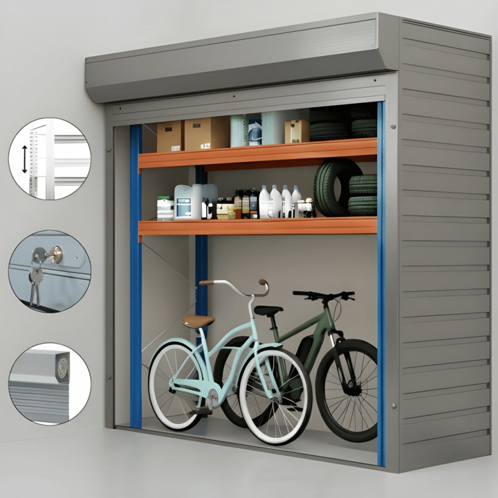 Dulap depozitare ParkingBox® Simple, Cu o laterala, perfect pentru interior, parcare subterana, garaj, Depozitare biciclete, mobilier, echipament sport, Raft spatios cu 2 polite reglabile, Usa rulou cu incuietoare, 200x210x75 cm, Otel, Gri Argintiu