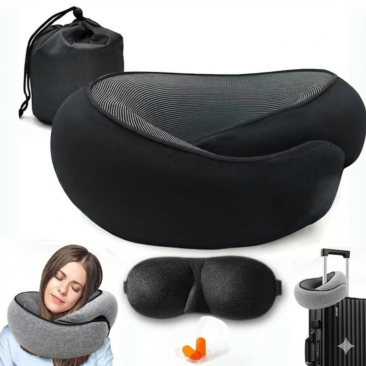 Perna de Calatorie pentru Gat, pentru Avion si Masina, din Spuma cu Memorie, Alunga Durerea Cervicala, Marime Ajustabila, 3 accesorii incluse, Sac de transport impermeabil, Dopuri de urechi, Masca de dormit, Velur/Bumbac, Negru, WEBYO®