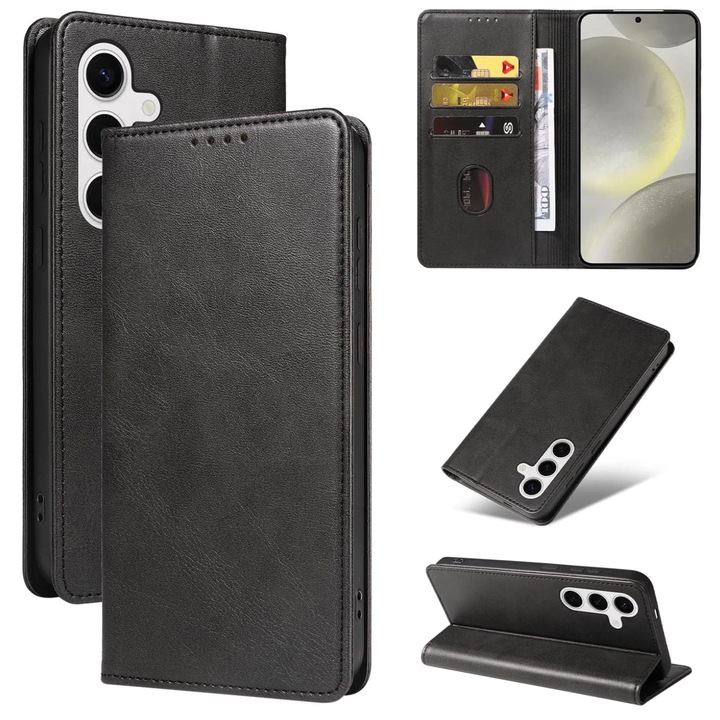 Защитен калъф за Samsung Galaxy S25, Omelivon, финна кожа, MagSafe, тип портфейл, стойка, магнитно закопчаване, черен