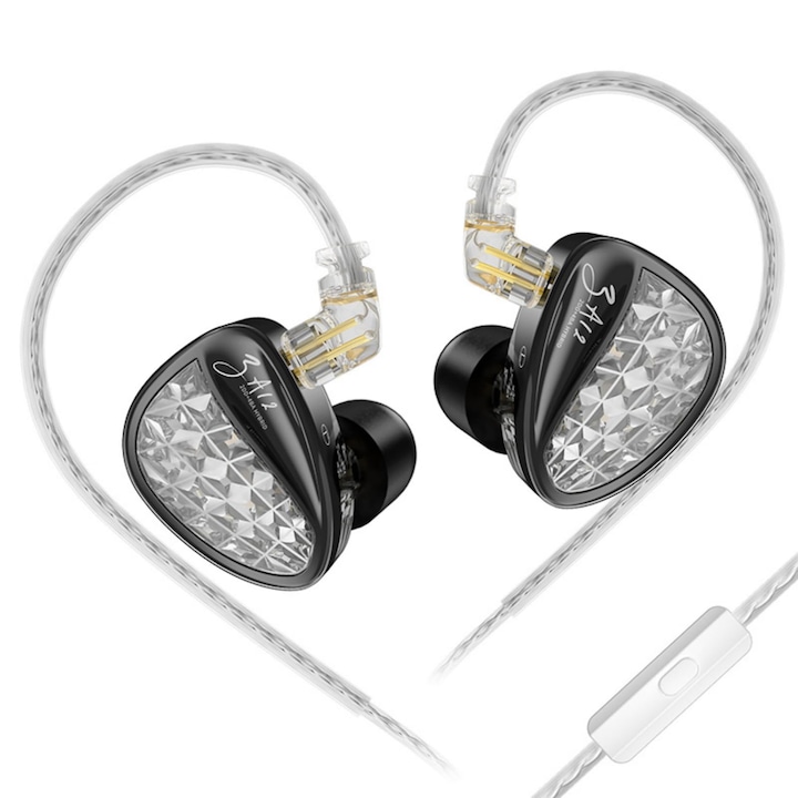 Casti KZ Acoustics ZA12, 2DD+4BA, Hi-Fi, reglare 4 nivele audio, Negru, in ear