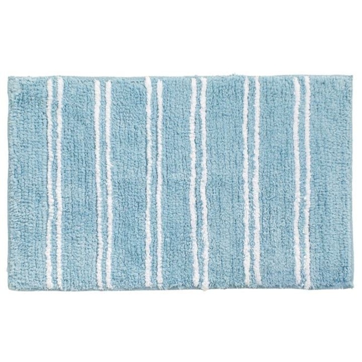 Covoras baie Bleu cu dungu Albe, antiderapant si absorbant, poliester, 60x40 cm