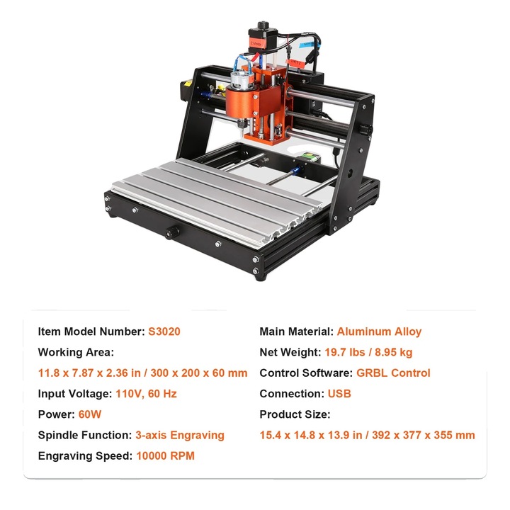 Masina de frezat CNC, 30 x 20 cm, 120 W, zona de lucru mare, aluminiu si plastic