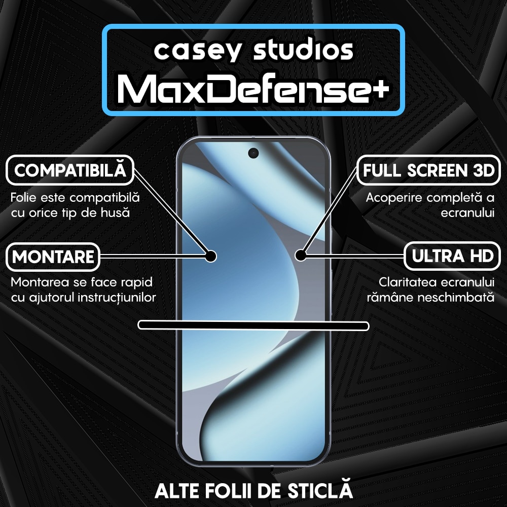 Folie Sticla CASEY STUDIOS™ compatibila cu Google Pixel 10 Pro, Full Cover 3D, Full Glue, Sticla Securizata, Duritate Militara, Ultra HD, Protectie Profesionala Ecran 3D, Anti Zgarieturi, Anti Socuri, Margini Negre
