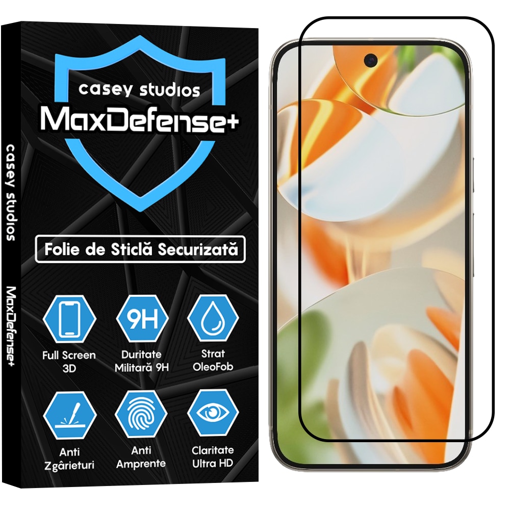 Folie Sticla CASEY STUDIOS™ compatibila cu Google Pixel 9 Pro, Full Cover 3D, Full Glue, Sticla Securizata, Duritate Militara, Ultra HD, Protectie Profesionala Ecran 3D, Anti Zgarieturi, Anti Socuri, Margini Negre