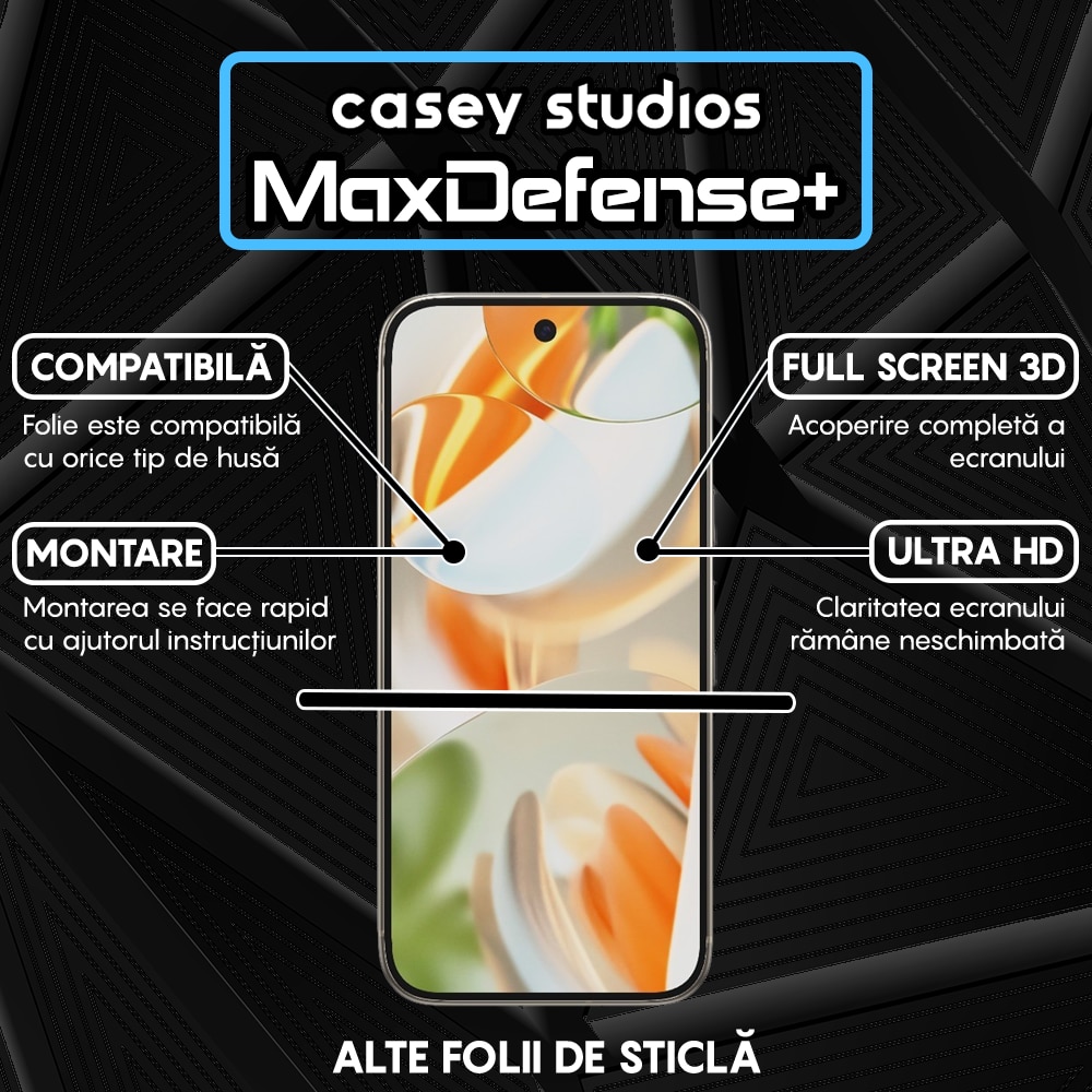 Folie Sticla CASEY STUDIOS™ compatibila cu Google Pixel 9 Pro, Full Cover 3D, Full Glue, Sticla Securizata, Duritate Militara, Ultra HD, Protectie Profesionala Ecran 3D, Anti Zgarieturi, Anti Socuri, Margini Negre