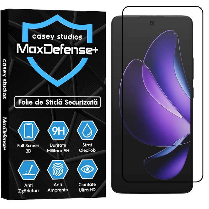 Folie Sticla CASEY STUDIOS™ compatibila cu Oppo Reno 13F 5G, Full Cover 3D, Full Glue, Sticla Securizata, Duritate Militara, Ultra HD, Protectie Profesionala Ecran 3D, Anti Zgarieturi, Anti Socuri, Margini Negre