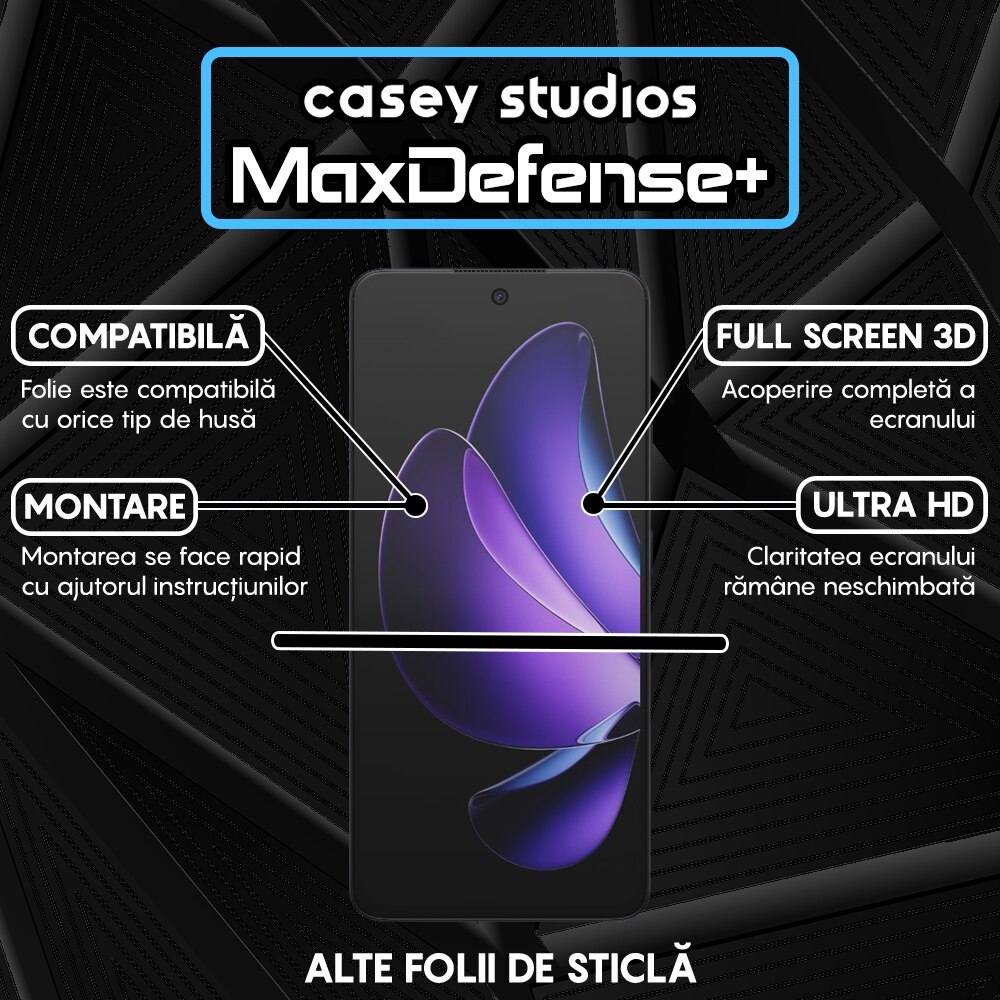 Folie Sticla CASEY STUDIOS™ compatibila cu Oppo Reno 13F 5G, Full Cover 3D, Full Glue, Sticla Securizata, Duritate Militara, Ultra HD, Protectie Profesionala Ecran 3D, Anti Zgarieturi, Anti Socuri, Margini Negre