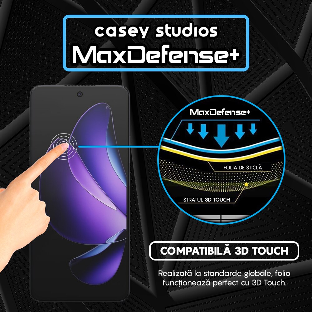 Folie Sticla CASEY STUDIOS™ compatibila cu Oppo Reno 13F 5G, Full Cover 3D, Full Glue, Sticla Securizata, Duritate Militara, Ultra HD, Protectie Profesionala Ecran 3D, Anti Zgarieturi, Anti Socuri, Margini Negre