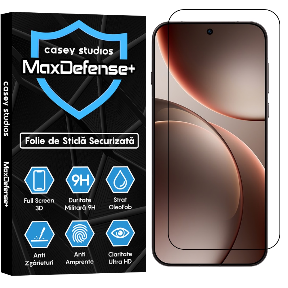 Folie Sticla CASEY STUDIOS™ compatibila cu Oppo Find X9 Pro, Full Cover 3D, Full Glue, Sticla Securizata, Duritate Militara, Ultra HD, Protectie Profesionala Ecran 3D, Anti Zgarieturi, Anti Socuri, Margini Negre