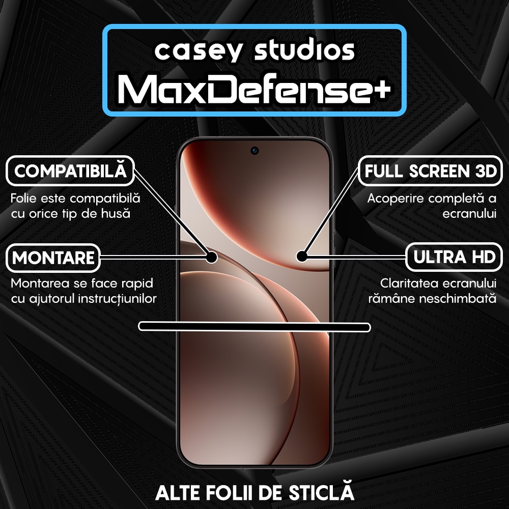 Folie Sticla CASEY STUDIOS™ compatibila cu Oppo Find X9, Full Cover 3D, Full Glue, Sticla Securizata, Duritate Militara, Ultra HD, Protectie Profesionala Ecran 3D, Anti Zgarieturi, Anti Socuri, Margini Negre