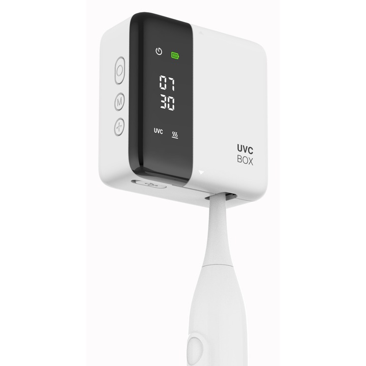 Sterilizator UV Portabil pentru Periute Dinti NIRU ProUV™ - Eficienta Sterilizare 99.99%, Suport Inteligent cu Sterilizare UV 24/7 si Functie Uscare la 65°C, Baterie 650mAh, autonomie 30 zile, Display LED Ceas, USB-C, Ultra Compact, Alb