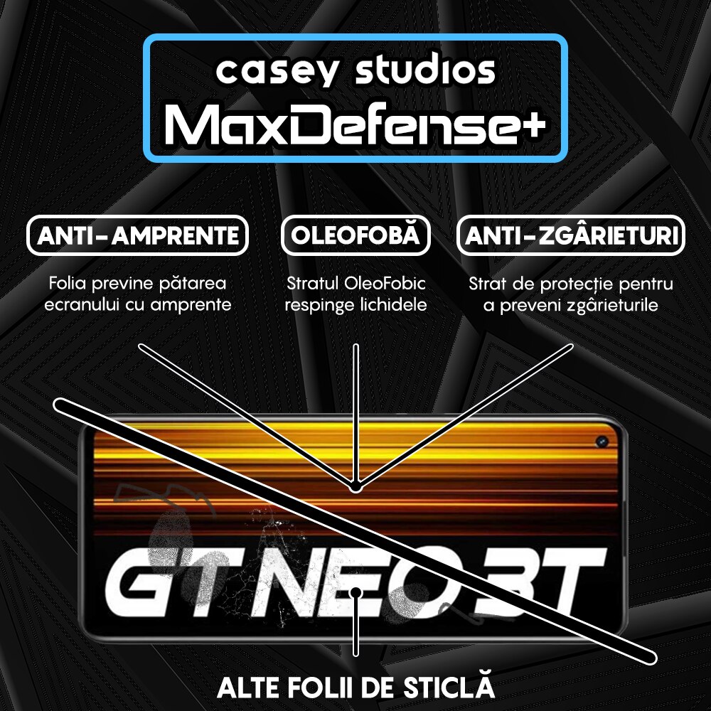 Folie Sticla CASEY STUDIOS™ compatibila cu Realme GT Neo 3T, Full Cover 3D, Full Glue, Sticla Securizata, Duritate Militara, Ultra HD, Protectie Profesionala Ecran 3D, Anti Zgarieturi, Anti Socuri, Margini Negre