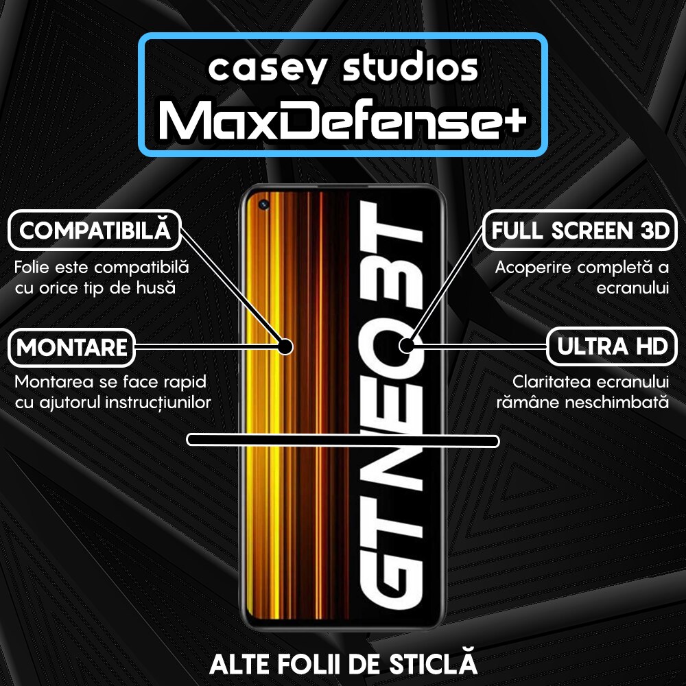 Folie Sticla CASEY STUDIOS™ compatibila cu Realme GT Neo 3T, Full Cover 3D, Full Glue, Sticla Securizata, Duritate Militara, Ultra HD, Protectie Profesionala Ecran 3D, Anti Zgarieturi, Anti Socuri, Margini Negre