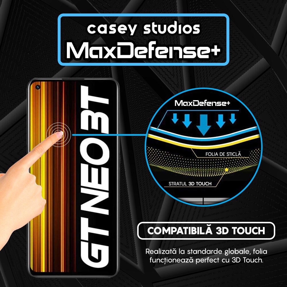 Folie Sticla CASEY STUDIOS™ compatibila cu Realme GT Neo 3T, Full Cover 3D, Full Glue, Sticla Securizata, Duritate Militara, Ultra HD, Protectie Profesionala Ecran 3D, Anti Zgarieturi, Anti Socuri, Margini Negre