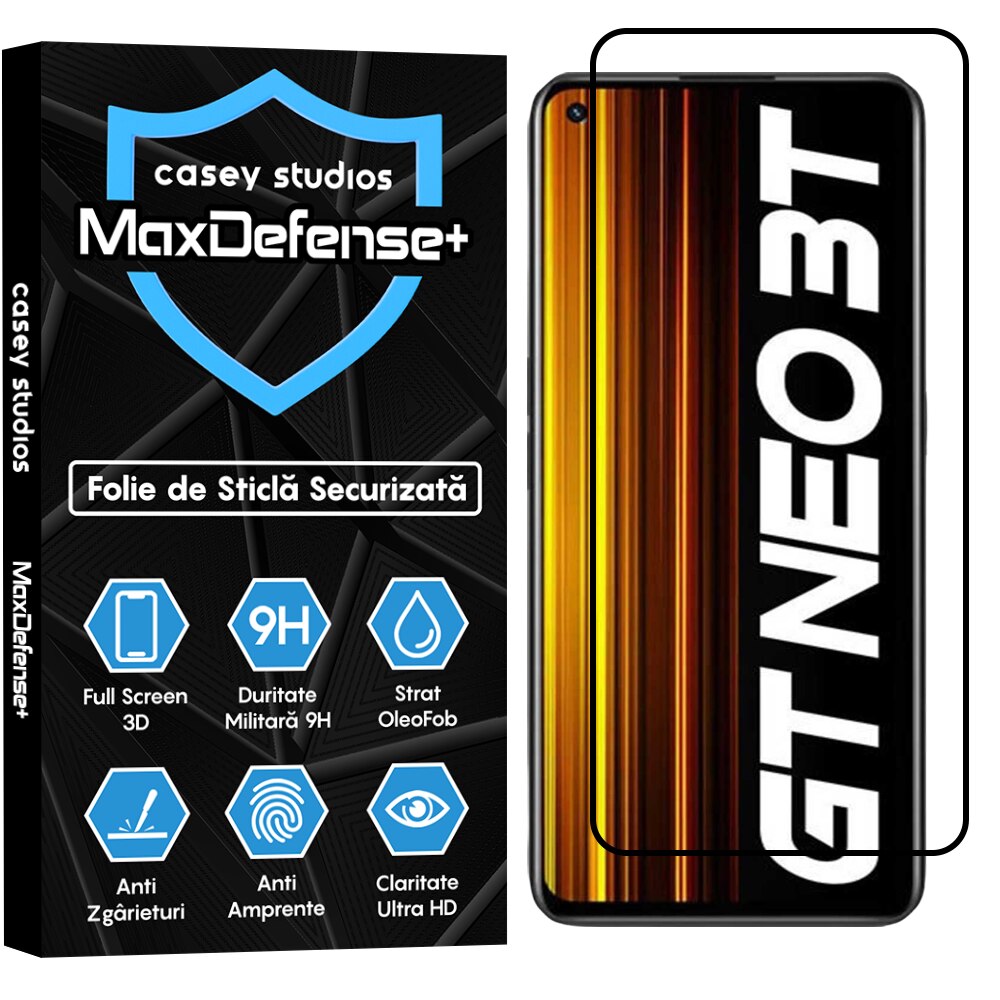 Folie Sticla CASEY STUDIOS™ compatibila cu Realme GT Neo 3T, Full Cover 3D, Full Glue, Sticla Securizata, Duritate Militara, Ultra HD, Protectie Profesionala Ecran 3D, Anti Zgarieturi, Anti Socuri, Margini Negre