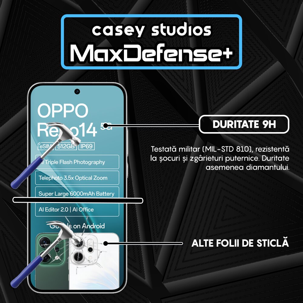 Folie Sticla CASEY STUDIOS™ compatibila cu Oppo Reno14, Full Cover 3D, Full Glue, Sticla Securizata, Duritate Militara, Ultra HD, Protectie Profesionala Ecran 3D, Anti Zgarieturi, Anti Socuri, Margini Negre