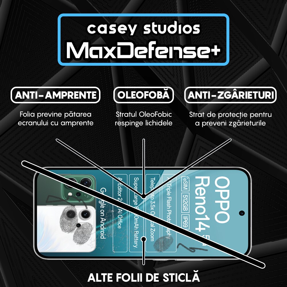 Folie Sticla CASEY STUDIOS™ compatibila cu Oppo Reno14, Full Cover 3D, Full Glue, Sticla Securizata, Duritate Militara, Ultra HD, Protectie Profesionala Ecran 3D, Anti Zgarieturi, Anti Socuri, Margini Negre