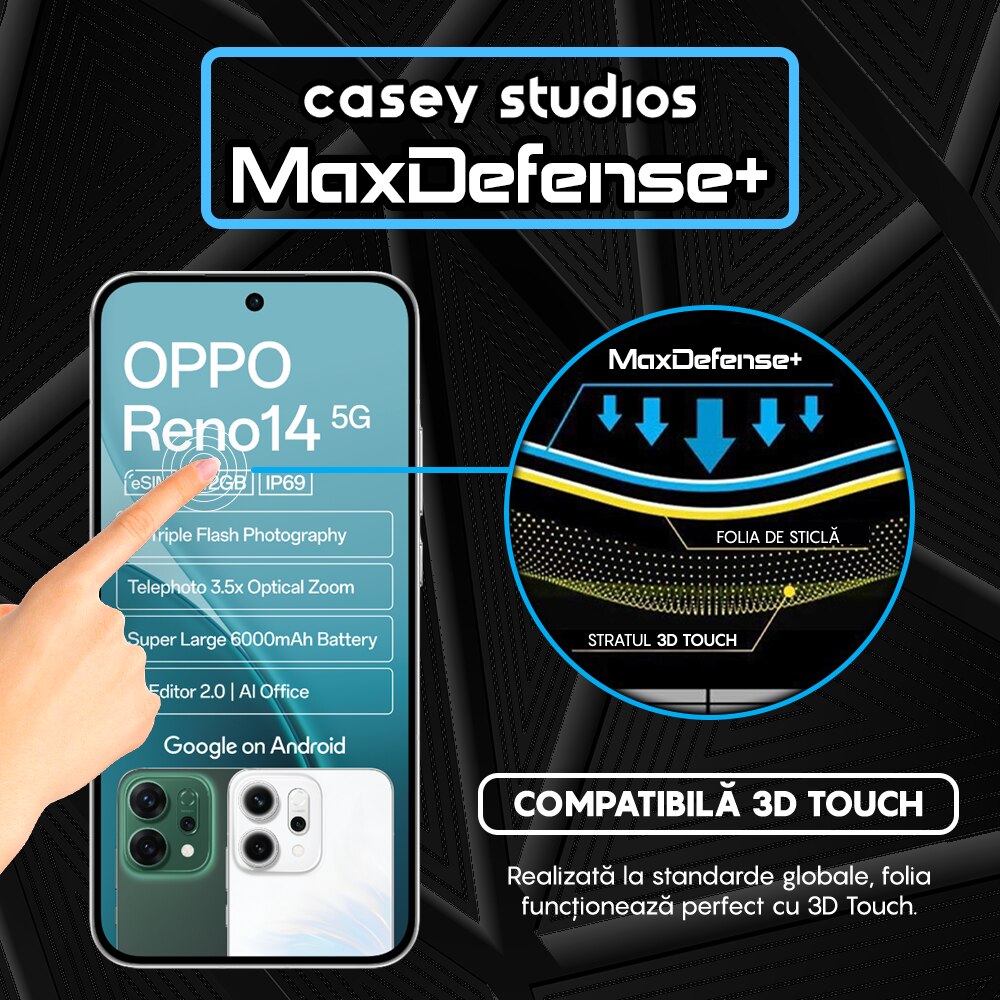 Folie Sticla CASEY STUDIOS™ compatibila cu Oppo Reno14, Full Cover 3D, Full Glue, Sticla Securizata, Duritate Militara, Ultra HD, Protectie Profesionala Ecran 3D, Anti Zgarieturi, Anti Socuri, Margini Negre