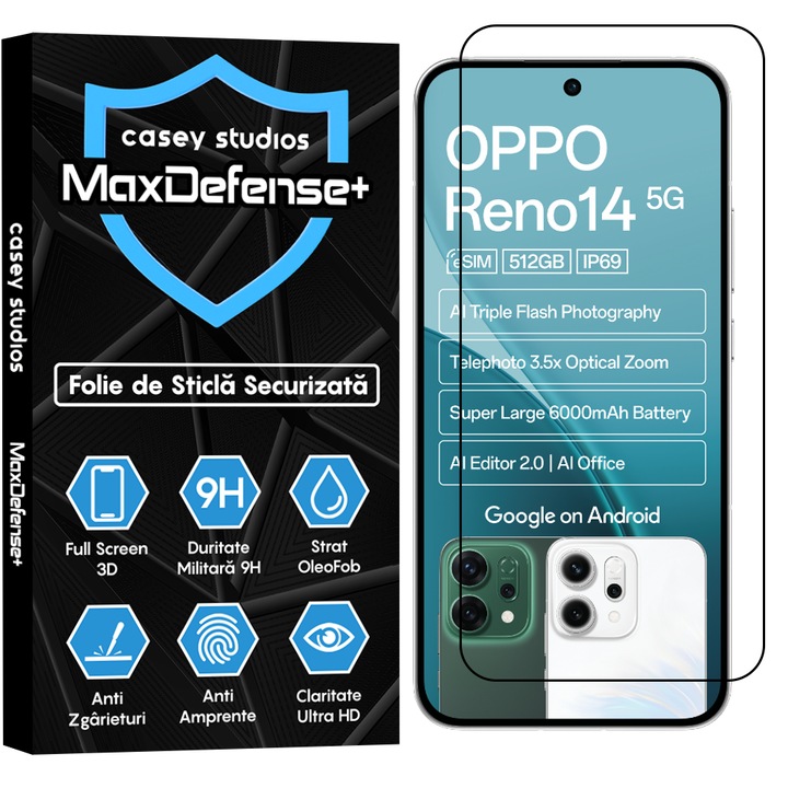 Folie Sticla CASEY STUDIOS™ compatibila cu Oppo Reno14, Full Cover 3D, Full Glue, Sticla Securizata, Duritate Militara, Ultra HD, Protectie Profesionala Ecran 3D, Anti Zgarieturi, Anti Socuri, Margini Negre