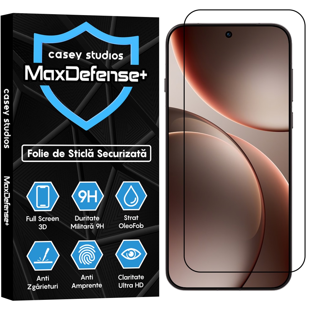Folie Sticla CASEY STUDIOS™ compatibila cu Oppo Find X9, Full Cover 3D, Full Glue, Sticla Securizata, Duritate Militara, Ultra HD, Protectie Profesionala Ecran 3D, Anti Zgarieturi, Anti Socuri, Margini Negre