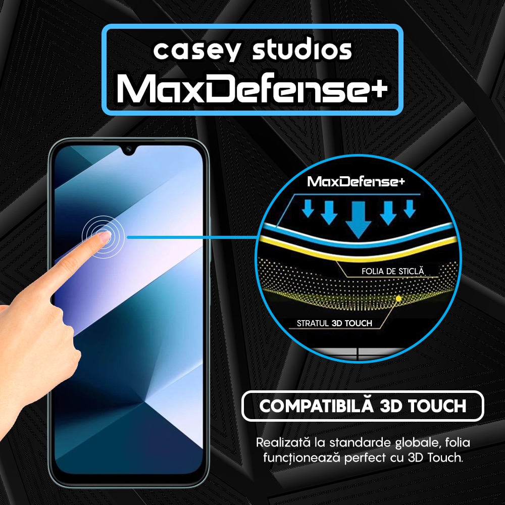Folie Sticla CASEY STUDIOS™ compatibila cu Xiaomi Poco C85, Full Cover 3D, Full Glue, Sticla Securizata, Duritate Militara, Ultra HD, Protectie Profesionala Ecran 3D, Anti Zgarieturi, Anti Socuri, Margini Negre