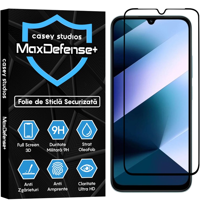 CASEY STUDIOS™ üvegfólia Xiaomi Poco C85-tel kompatibilis, teljes borítású 3D, teljes ragasztású, edzett üveg, katonai keménységű, Ultra HD, professzionális 3D képernyővédelem, karcálló, ütésálló, fekete élekkel