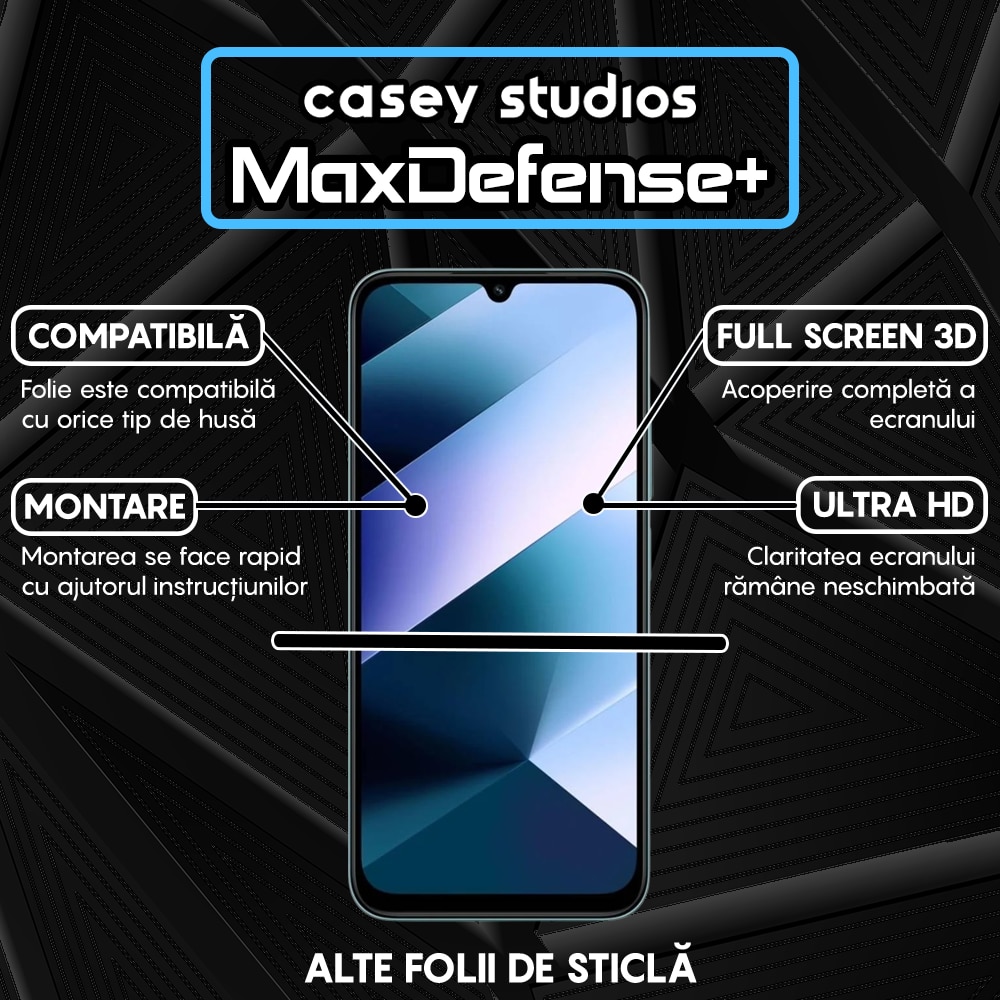 Folie Sticla CASEY STUDIOS™ compatibila cu Xiaomi Poco C85, Full Cover 3D, Full Glue, Sticla Securizata, Duritate Militara, Ultra HD, Protectie Profesionala Ecran 3D, Anti Zgarieturi, Anti Socuri, Margini Negre