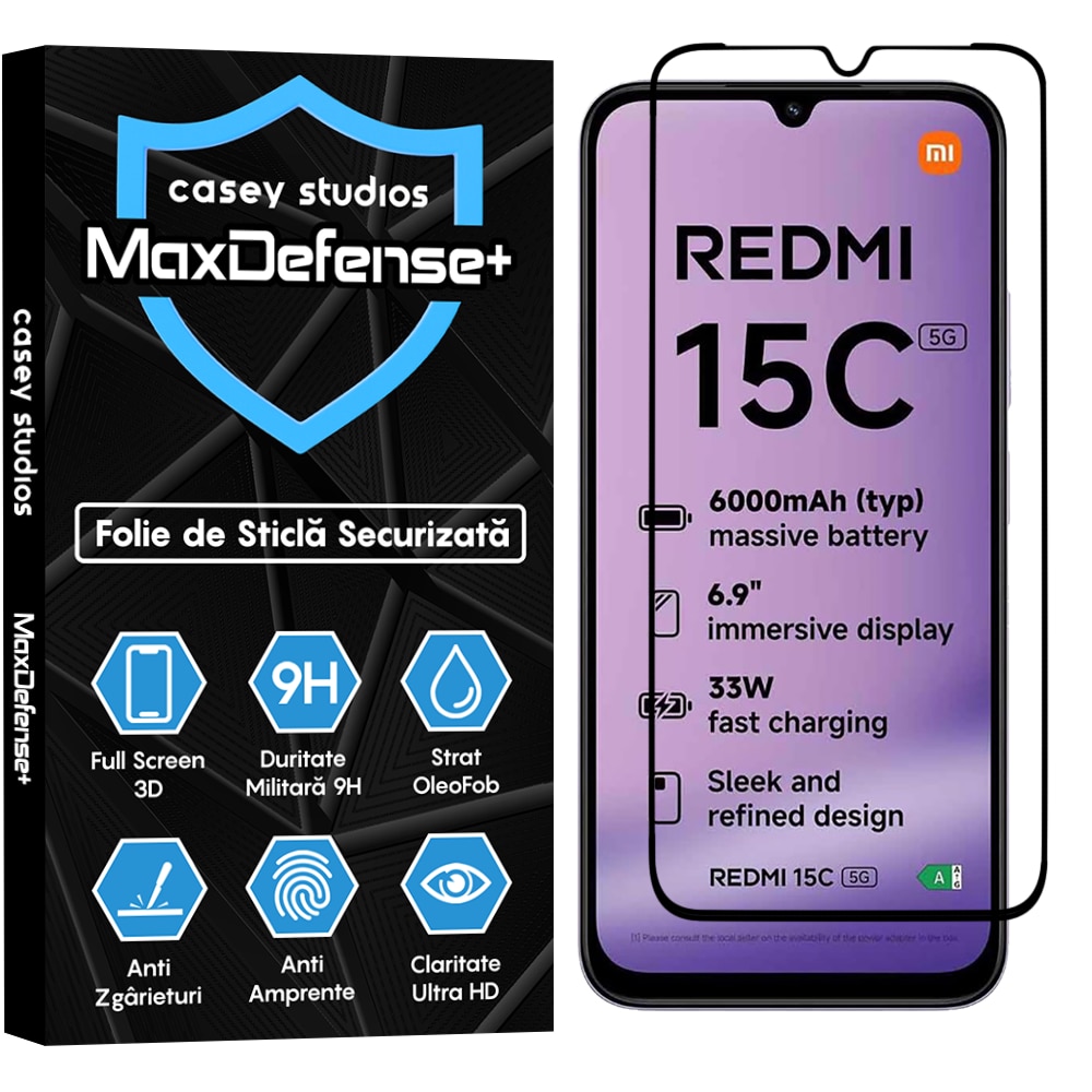 Folie Sticla CASEY STUDIOS™ compatibila cu Xiaomi Redmi 15C 5G, Full Cover 3D, Full Glue, Sticla Securizata, Duritate Militara, Ultra HD, Protectie Profesionala Ecran 3D, Anti Zgarieturi, Anti Socuri, Margini Negre