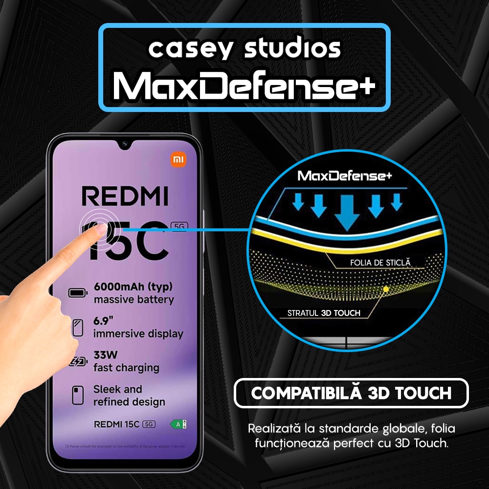 Folie Sticla CASEY STUDIOS™ compatibila cu Xiaomi Redmi 15C 5G, Full Cover 3D, Full Glue, Sticla Securizata, Duritate Militara, Ultra HD, Protectie Profesionala Ecran 3D, Anti Zgarieturi, Anti Socuri, Margini Negre