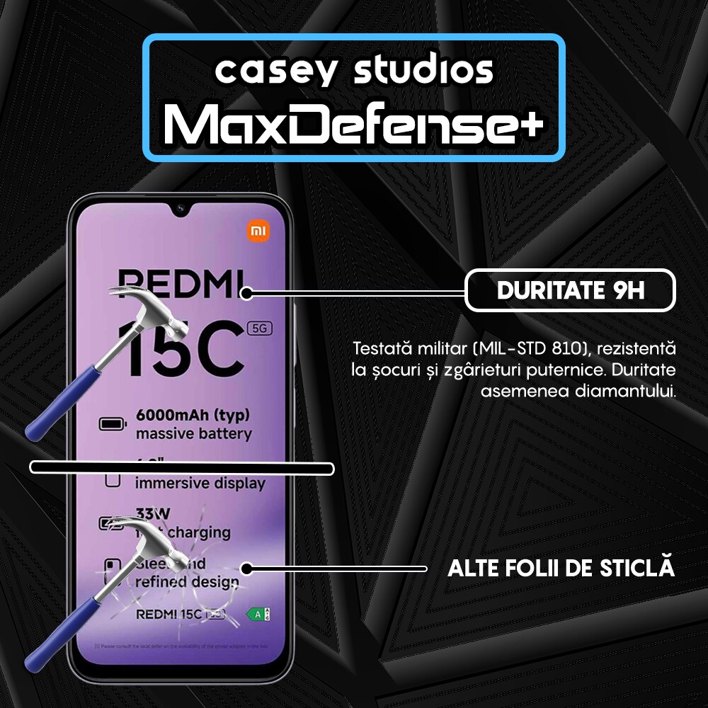 Folie Sticla CASEY STUDIOS™ compatibila cu Xiaomi Redmi 15C 5G, Full Cover 3D, Full Glue, Sticla Securizata, Duritate Militara, Ultra HD, Protectie Profesionala Ecran 3D, Anti Zgarieturi, Anti Socuri, Margini Negre