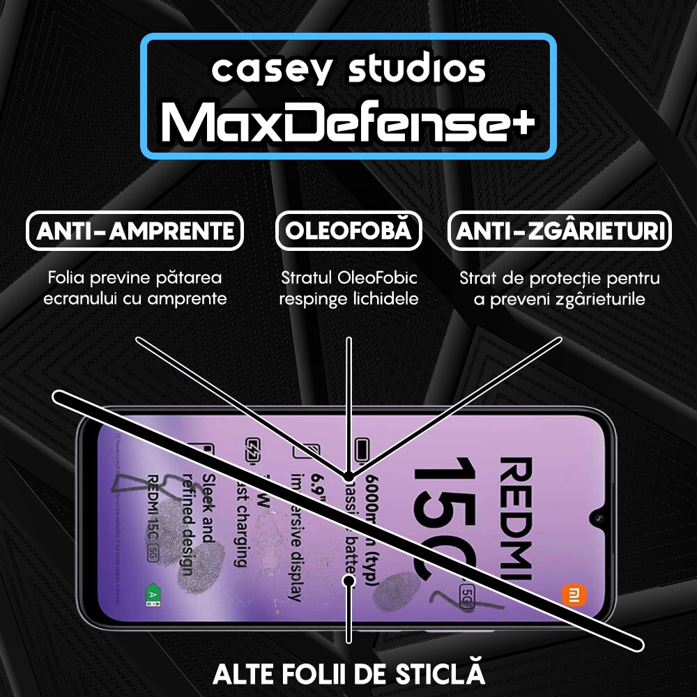 Folie Sticla CASEY STUDIOS™ compatibila cu Xiaomi Redmi 15C 5G, Full Cover 3D, Full Glue, Sticla Securizata, Duritate Militara, Ultra HD, Protectie Profesionala Ecran 3D, Anti Zgarieturi, Anti Socuri, Margini Negre