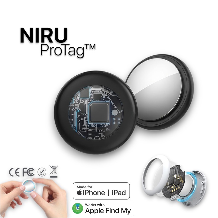 Dispozitiv Anti Pierdere NIRU ProTag™ - Localizator GPS Inteligent compact, compatibil Apple Find My iPhone pentru Copii, Chei, Portofel, Bagaje, Obiecte sau Animale, Autonomie 1 an, Notificare telefon, Functie Tracker, Indicator Locatie, Alarma, Negru