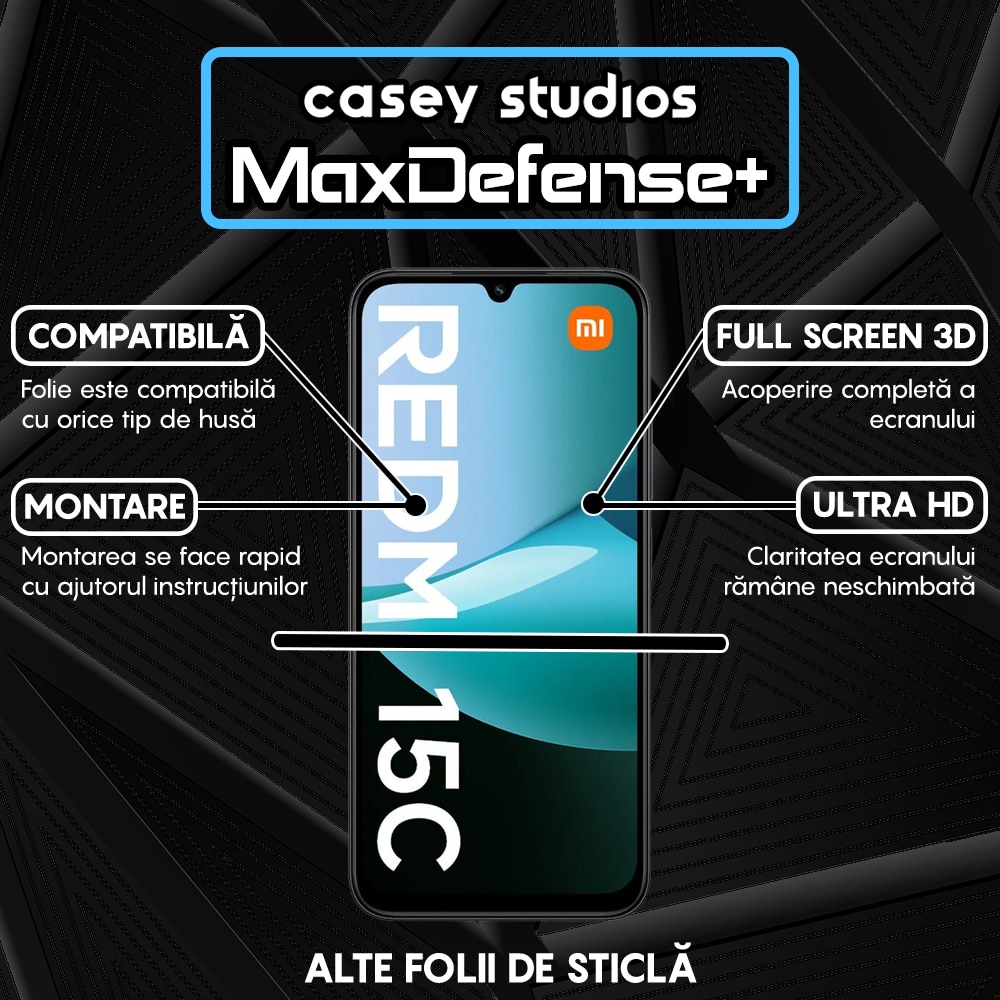 Folie Sticla CASEY STUDIOS™ compatibila cu Xiaomi Redmi 15C, Full Cover 3D, Full Glue, Sticla Securizata, Duritate Militara, Ultra HD, Protectie Profesionala Ecran 3D, Anti Zgarieturi, Anti Socuri, Margini Negre