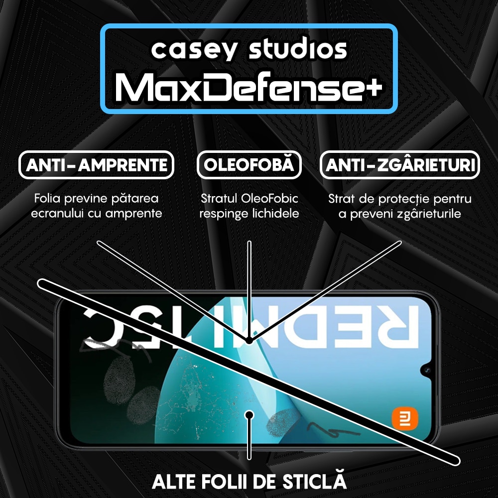 Folie Sticla CASEY STUDIOS™ compatibila cu Xiaomi Redmi 15C, Full Cover 3D, Full Glue, Sticla Securizata, Duritate Militara, Ultra HD, Protectie Profesionala Ecran 3D, Anti Zgarieturi, Anti Socuri, Margini Negre