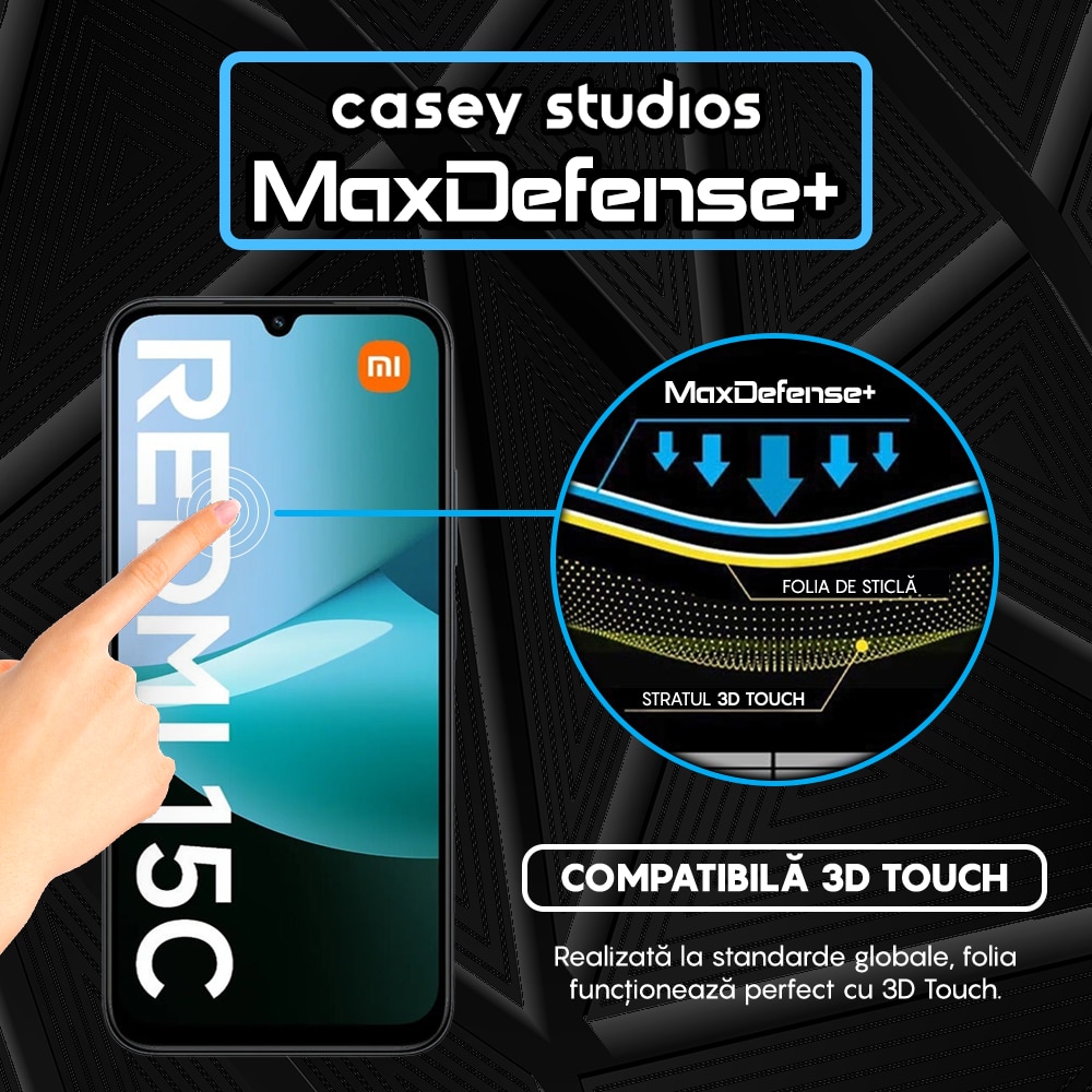 Folie Sticla CASEY STUDIOS™ compatibila cu Xiaomi Redmi 15C, Full Cover 3D, Full Glue, Sticla Securizata, Duritate Militara, Ultra HD, Protectie Profesionala Ecran 3D, Anti Zgarieturi, Anti Socuri, Margini Negre