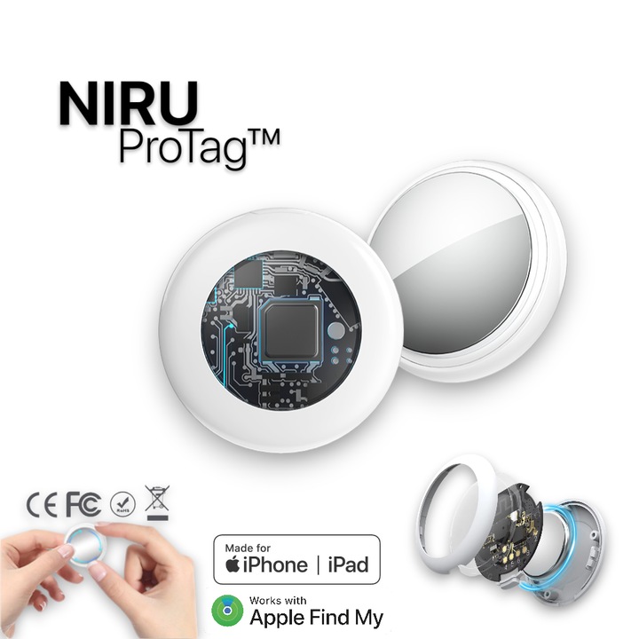 Dispozitiv Anti Pierdere NIRU ProTag™ - Localizator GPS Inteligent compact, compatibil Apple Find My iPhone pentru Copii, Chei, Portofel, Bagaje, Obiecte sau Animale, Autonomie 1 an, Notificare telefon, Functie Tracker, Indicator Locatie, Alarma, Alb