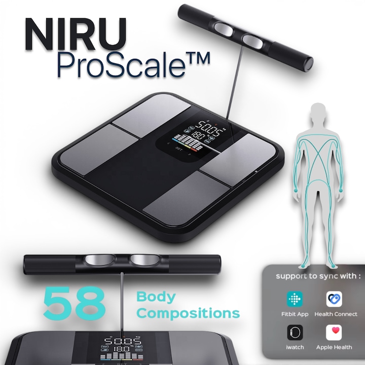 Cantar Inteligent NIRU ProScale™ - Analiza Compozitie Corporala, 58 Indici (Grasime, Masa Musculara, Proteine, BMI, Apa, Rata metabolica), scanare cu 8 senzori BIA, Display LED Touchscreen, Aplicatie Smart cu raport integrata Apple Health, Android, Fitbit
