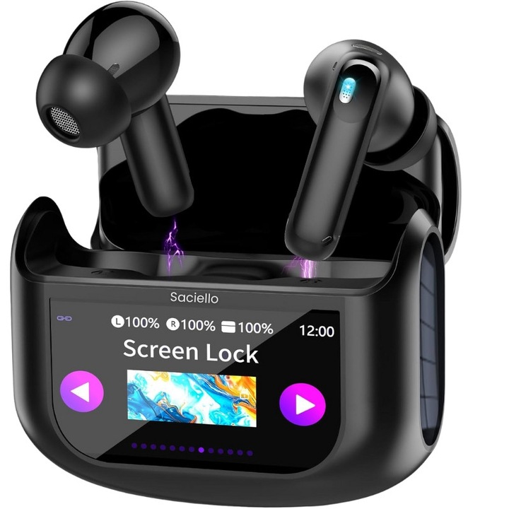 Casti Wireless Saciello cu Ecran LED Tactil, ANC + ENC, Bluetooth 5.4, Autonomie pana la 48h, EQ 5 Moduri, Control Tactil, Rezistente la Apa IP7, Negru