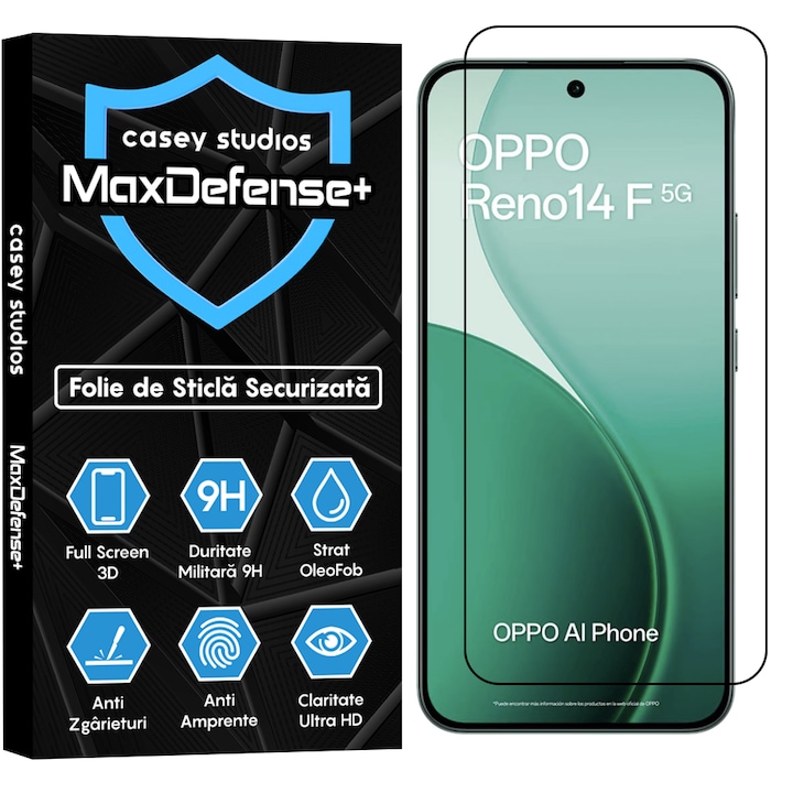 Folie Sticla CASEY STUDIOS™ compatibila cu OPPO Reno14 F 5G, Full Cover 3D, Full Glue, Duritate Militara, Ultra HD, Anti Zgarieturi, Anti Amprente, Anti Socuri, Sticla Securizata, Protectie Profesionala Ecran, MaxDefense+, Margini Negre